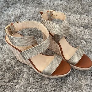 Jessica Simpson Silver and Tan Wedge Sandals